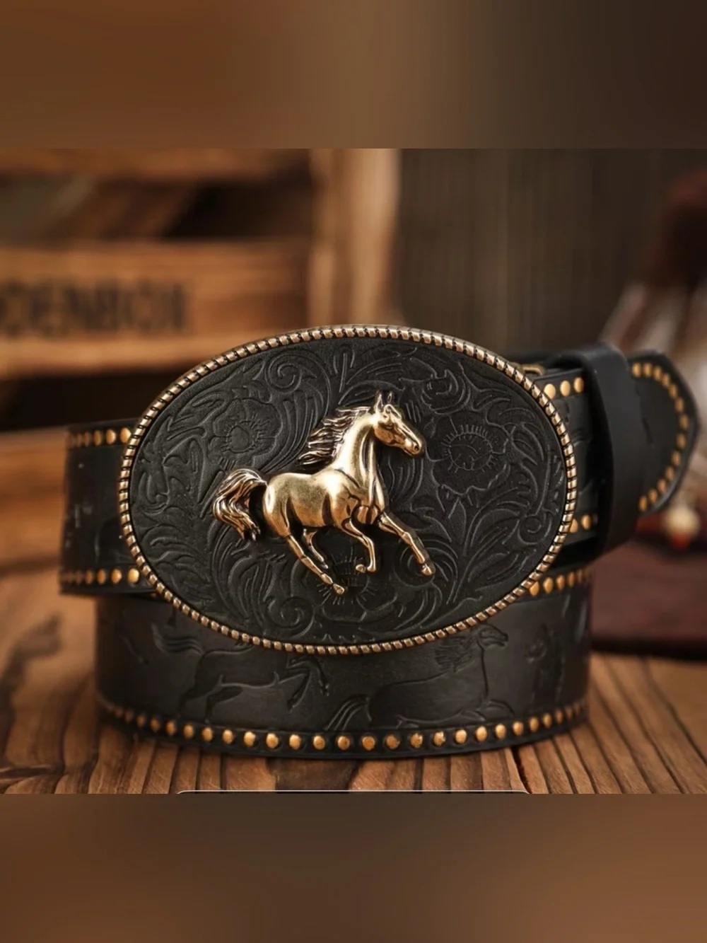 Western Belt Black Pu Leather Belt with Gold Horse Buckle